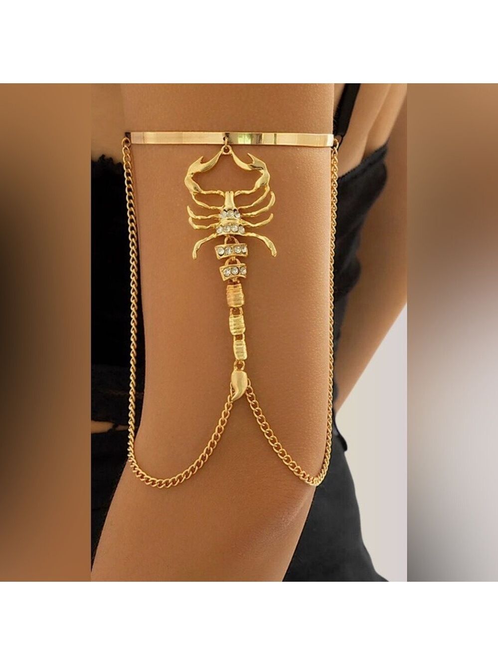 New Gold Scorpion Upper High Arm Cuff Bracelet w/ Rhinestone & Chain Accents - Picture 7 of 11